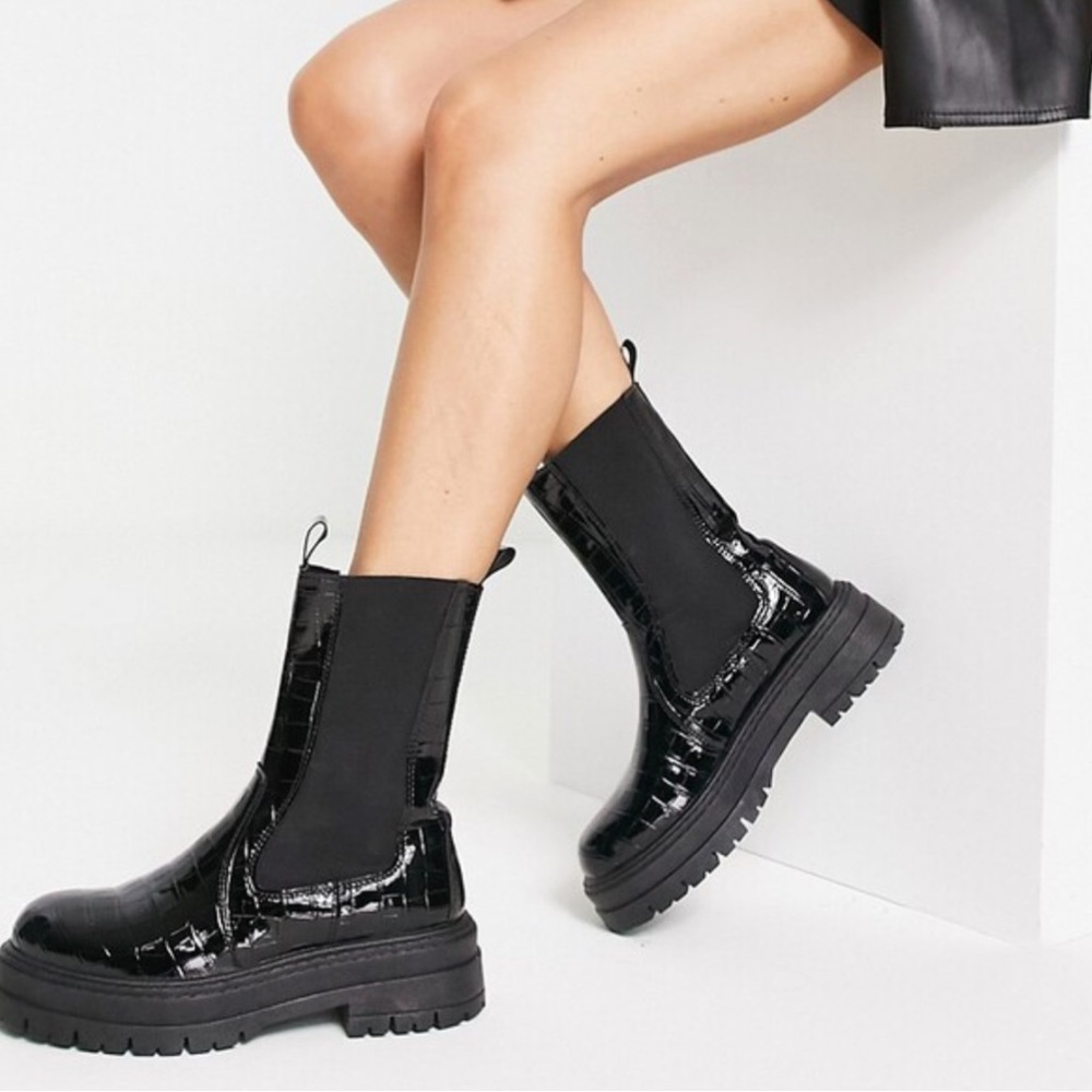 Topshop Black Chunky Ankle Boots with Glossy Finish